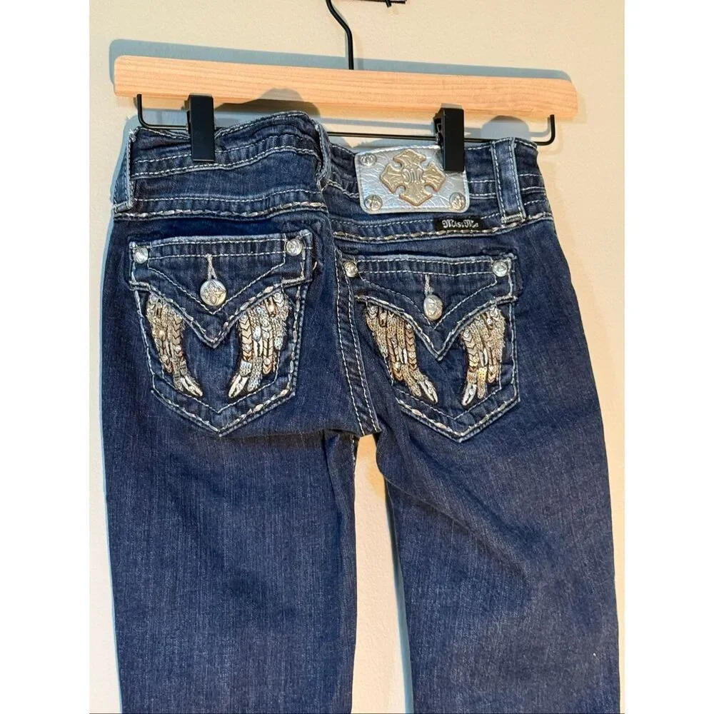 Miss Me Angel Wing Bling Embellished Flap Pocket Skinny Jeans Dark Denim Size 24